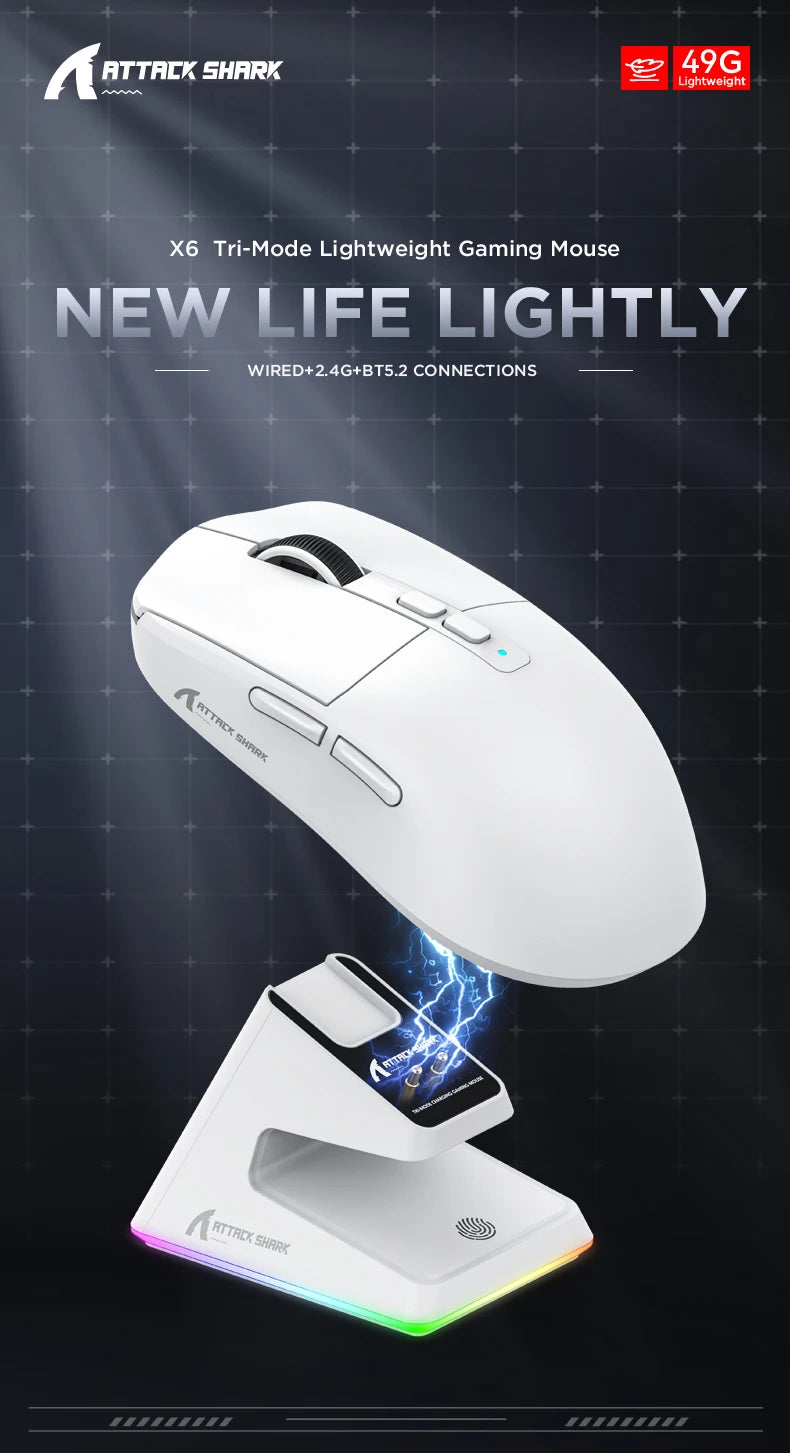 Shark X6 PAW3395 Bluetooth Mouse,Tri-Mode Connection,RGB Touch Magnetic Charging Base