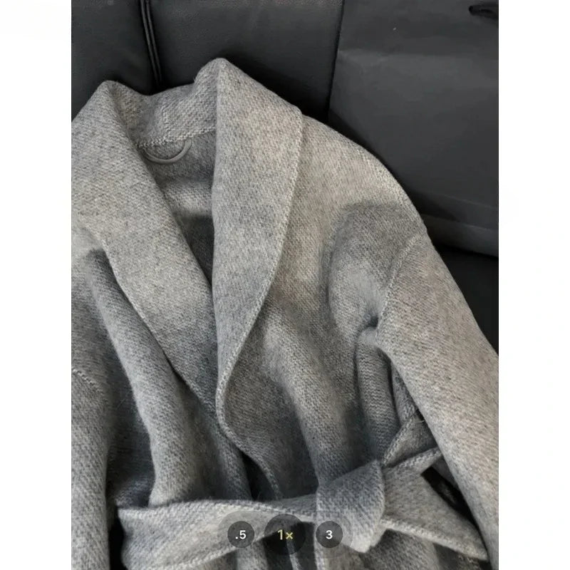 Women's Grey Wool Blend Overcoat with Faux Fur and Long Sleeves