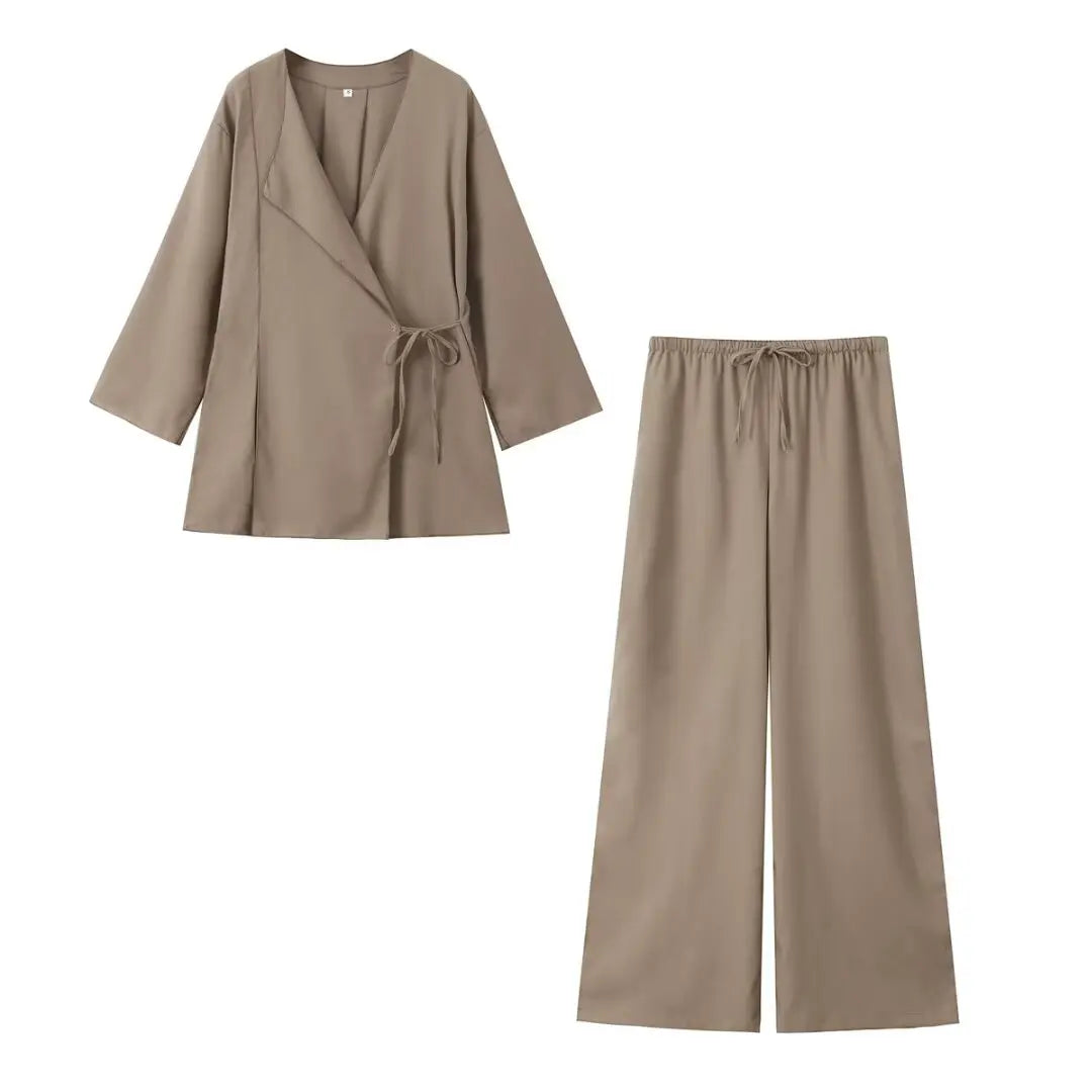 Linen Shirt and Pleated Pants Set with Belted Kimono Top Stylish and Light