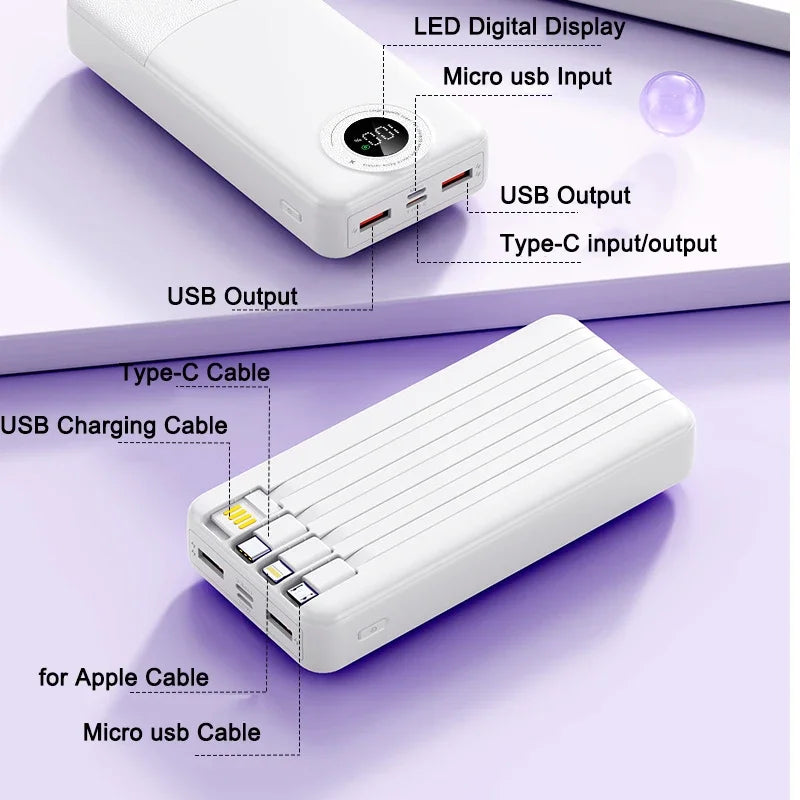 20000mAh 66W Power Bank med snabbladdning och 4 kablar