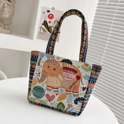 Fashion Women's Canvas Handbag - Animal Ethnic Style Embroidered Tote Bag with Elephant, Peacock, and Rabbit Designs