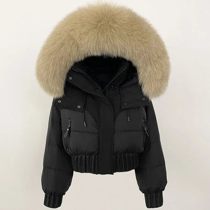 Short Hooded Down Coat with Real Raccoon Fox Fur Collar Warm and Casual