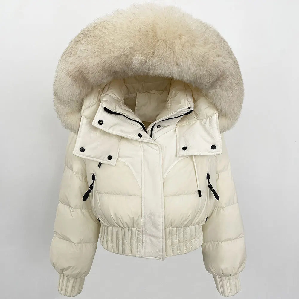 Short Hooded Down Coat with Real Raccoon Fox Fur Collar Warm and Casual