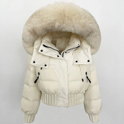 Short Hooded Down Coat with Real Raccoon Fox Fur Collar Warm and Casual