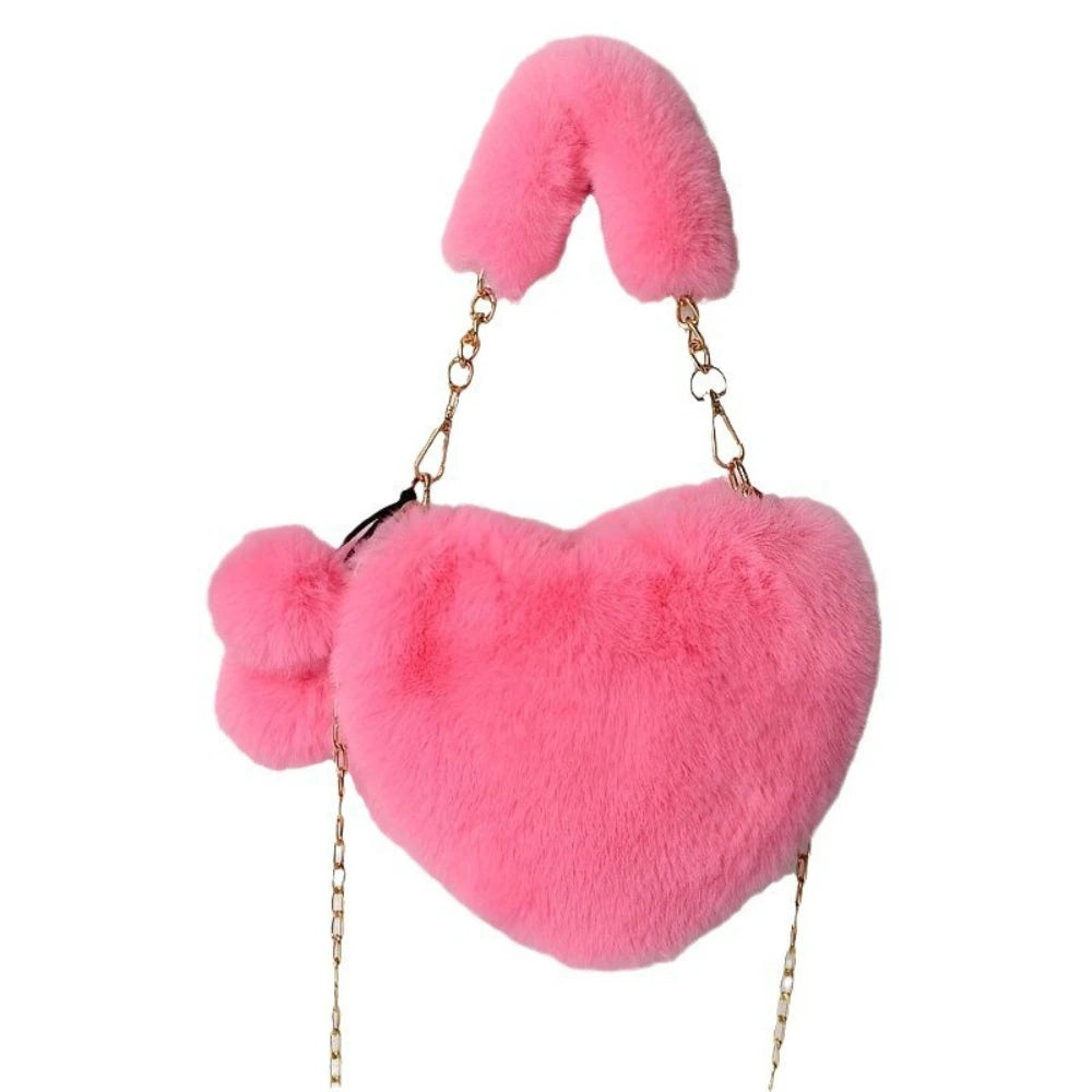 Faux Fur Heart-shaped Women Small Handbags – Fluffy Plush Ladies Chain Shoulder Bag, Fashion Female Furry Daily Clutch Purse.