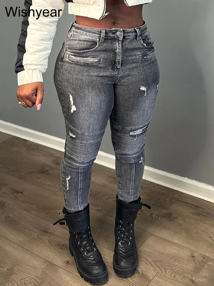 Sexy Hold Pocket Ripped Cargo Stretch Denim Pants Women Fashion Spring Moto Biker Skinny Pencil Jeans Streetwear y2k Trousers