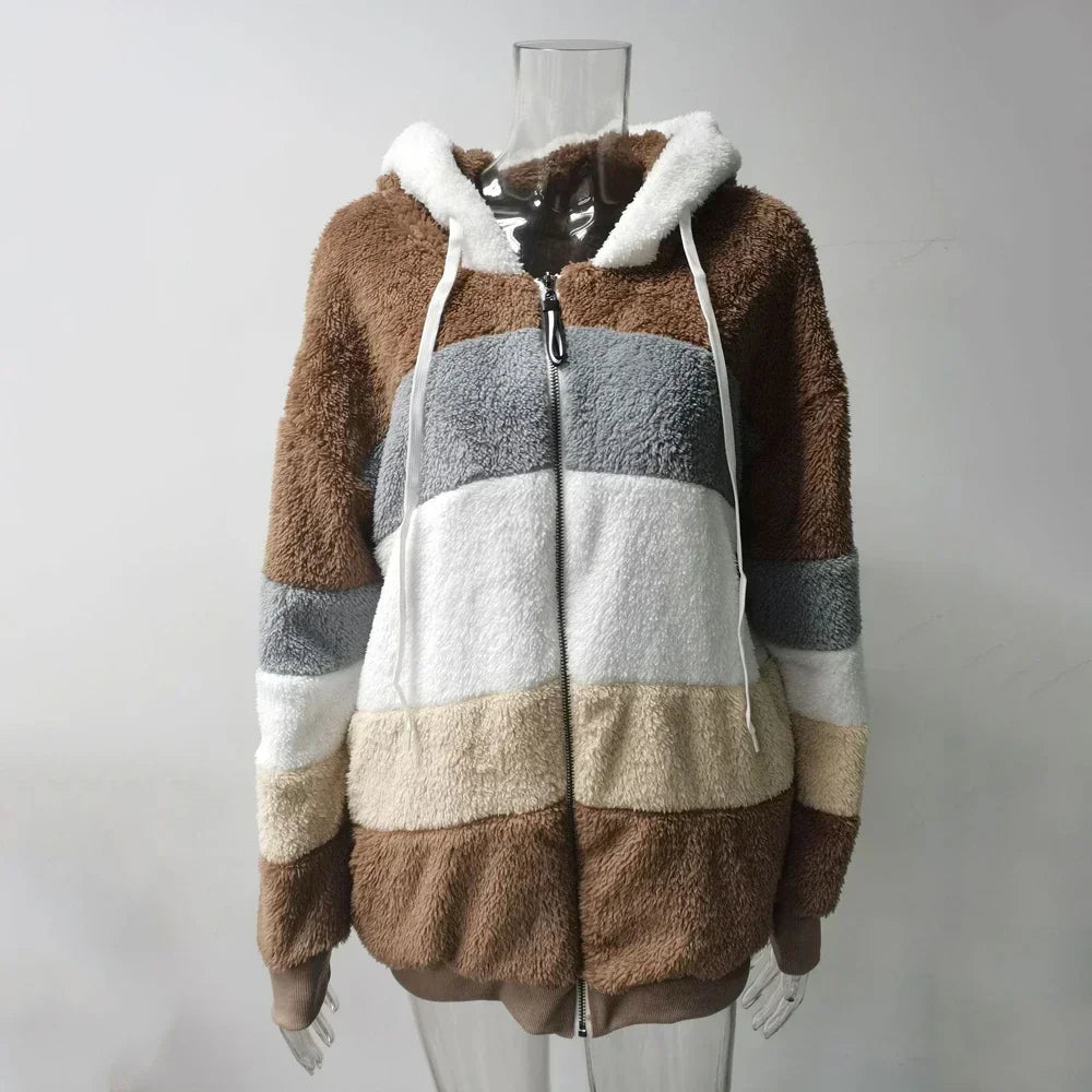 Hooded Zipper Coat with Cashmere and Plaid Stitching Stylish and Warm