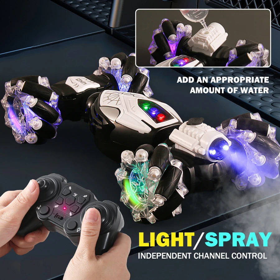 Spray twist 2.4G remote control stunt car Cool gesture induction 13 way control Sound light drift tail flick children's toy car