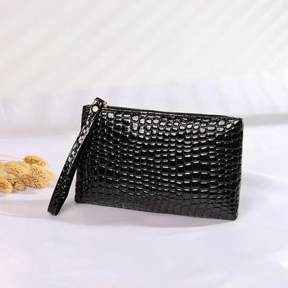 Retro Classic Stone Pattern Leather Clutch - Black Fashion Coin Purse and Mobile Phone Bag with Wrist Strap, Elegant Female Storage Handbag