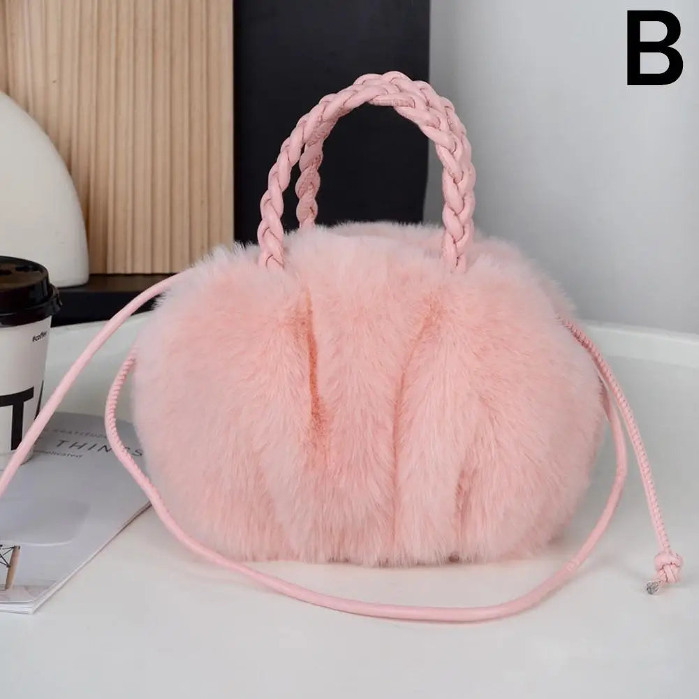 Cute Pumpkin Plush Shoulder Bag - Winter Rabbit Fur Crossbody Tote for Girls