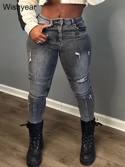 Sexy Hold Pocket Ripped Cargo Stretch Denim Pants Women Fashion Spring Moto Biker Skinny Pencil Jeans Streetwear y2k Trousers