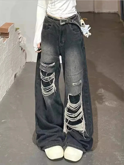 Black Baggy Ripped Jeans Gothic Y2K Aesthetic Vintage Style