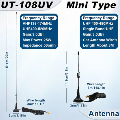 UT-108UV Walkie Talkie Car Antenna Magnetic SMA-F Dual Band UHF VHF for Baofeng UV-5R TYT WOUXUN Quansheng UV-K5 8 Two Way Radio