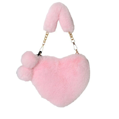 Faux Fur Heart-shaped Women Small Handbags – Fluffy Plush Ladies Chain Shoulder Bag, Fashion Female Furry Daily Clutch Purse.