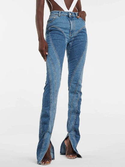 DEAT Mode damjeans Slim Deconstruct Panel Patchwork Hög midja Split Blå Långa jeansbyxor våren 2025 Nyhet 1DF2575