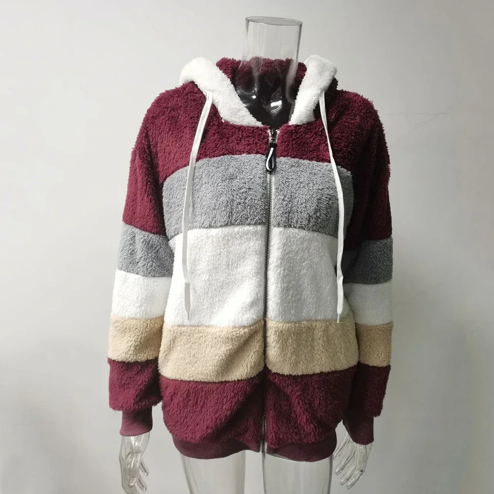 Hooded Zipper Coat with Cashmere and Plaid Stitching Stylish and Warm