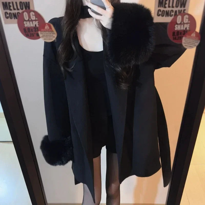 Women's Black Wool Blend Overcoat with V Neck