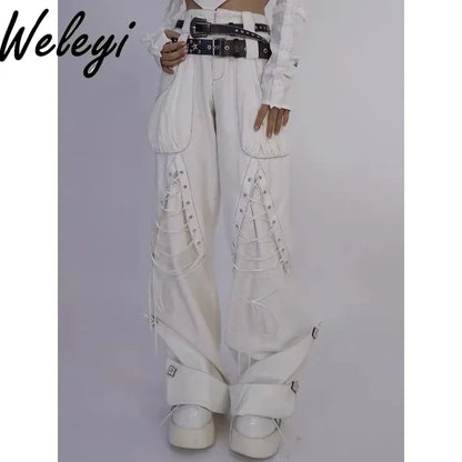 Y2K Low Waist White Jeans with Bandage Detail and Baggy Fit