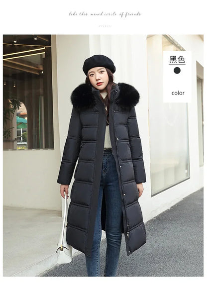 Extra Long Padded Parka with Faux Fur Collar Loose Fit