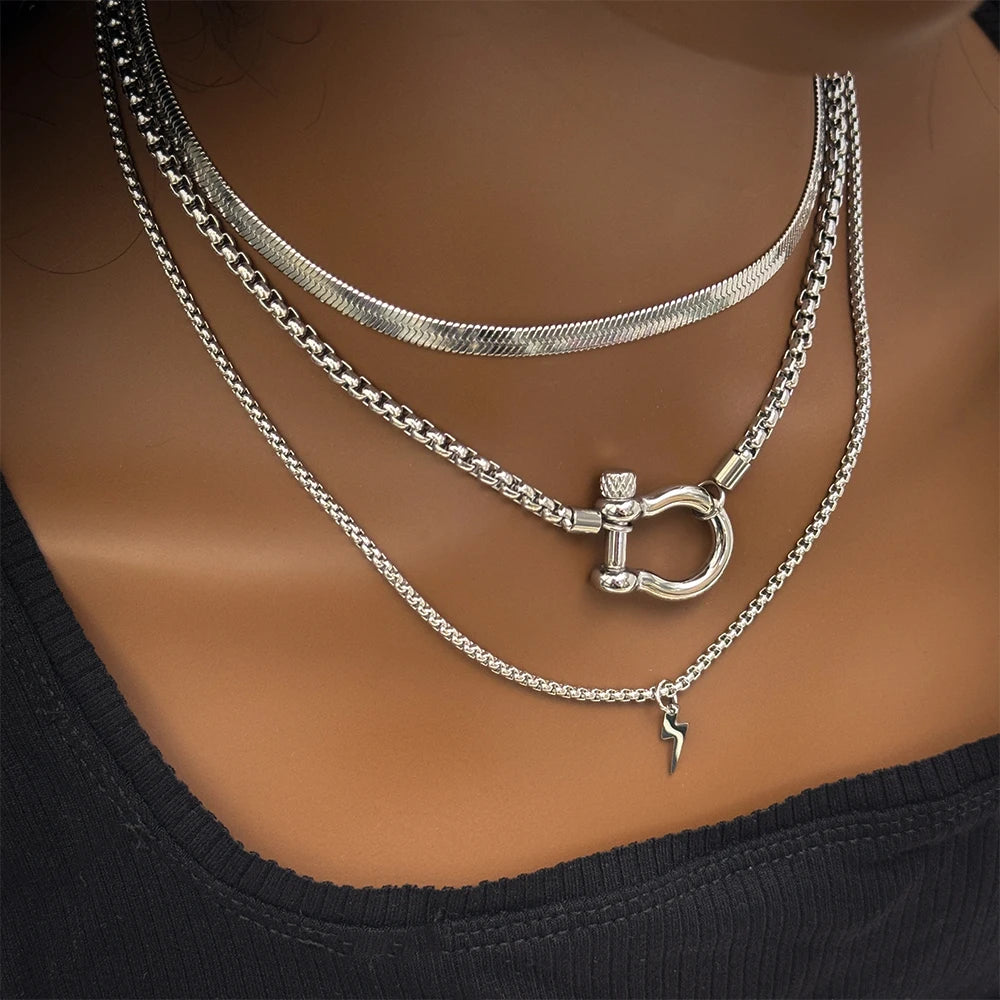 Vattentäta smycken 18K guldpläterade rostfritt stål Box Chain Choker Halsband Dubbelfärg Chunky Horseshoe Halsband för kvinnor