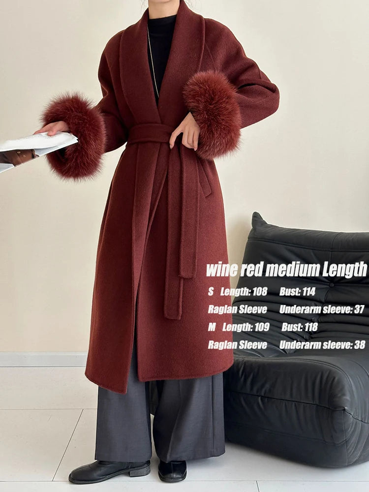 Wine Red Woolen Coat with Fur Cuffs and Belted Design