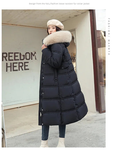 Extra Long Padded Parka with Faux Fur Collar Loose Fit