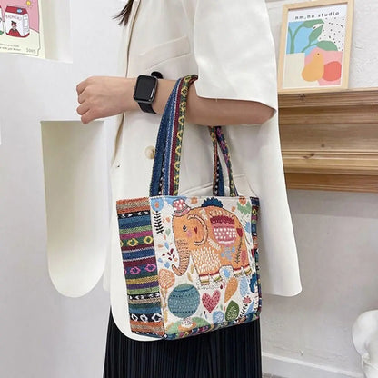 Fashion Women's Canvas Handbag - Animal Ethnic Style Embroidered Tote Bag with Elephant, Peacock, and Rabbit Designs