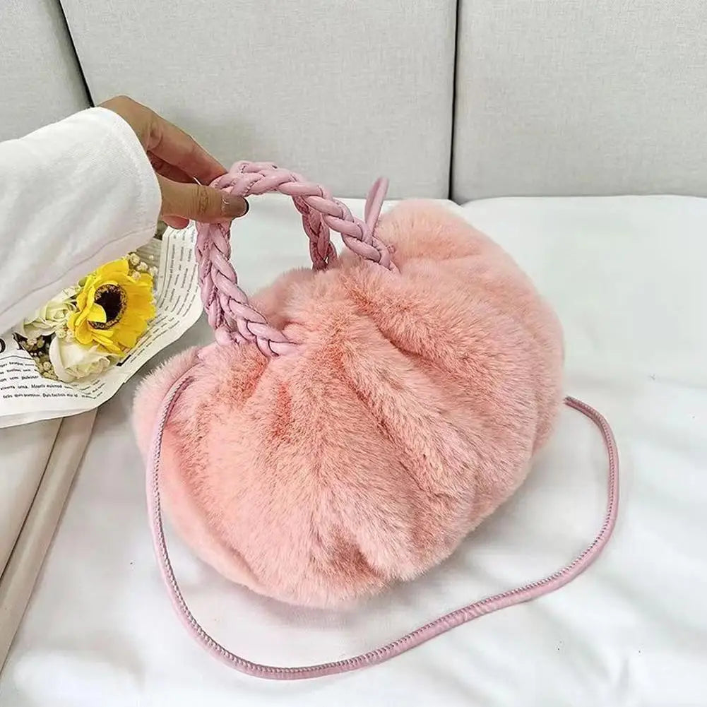 Cute Pumpkin Plush Shoulder Bag - Winter Rabbit Fur Crossbody Tote for Girls