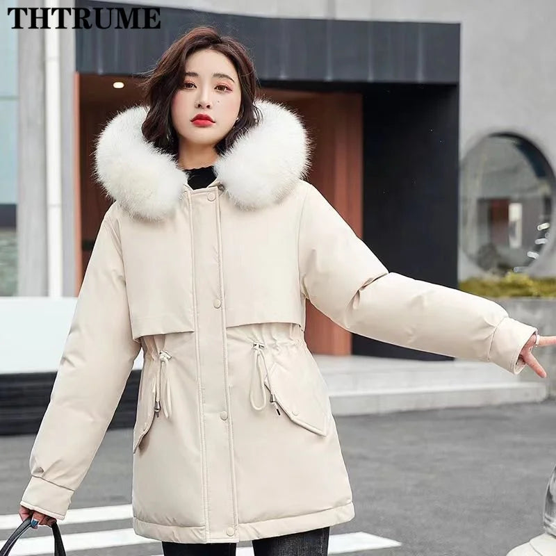 Hooded Parka with Fur Collar and Thick Liner Casual and Fashionable