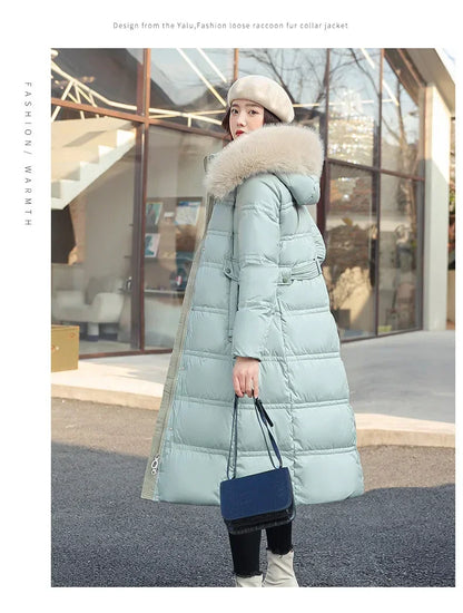 Extra Long Padded Parka with Faux Fur Collar Loose Fit