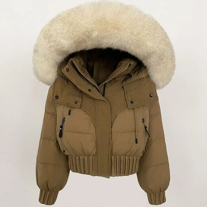 Short Hooded Down Coat with Real Raccoon Fox Fur Collar Warm and Casual