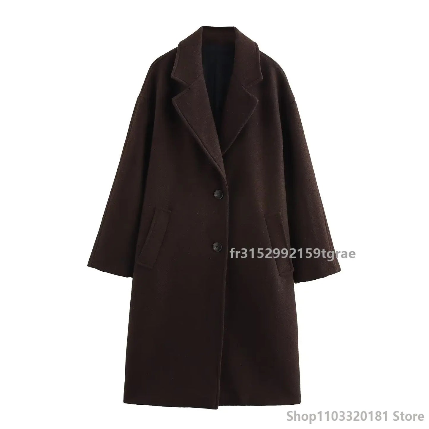 Women's Brown Long Coat in Wool Blend with Long Sleeves