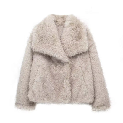 Cropped Faux Fur Jacket with Lapel Collar and Snap Buttons Chic and Warm