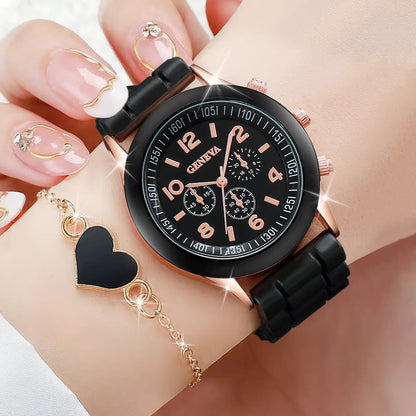 4 st/set Damklockor Mode Silikonband Dam Quartz Watches Heart Smyckesset (utan kartong)