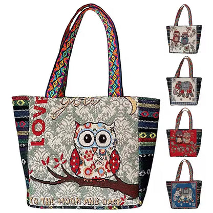 Broderad tygväska: Retro Owl Elephant Print, Stor kapacitet Återanvändbar Shopping