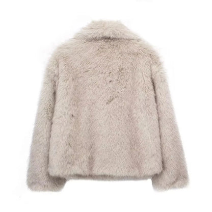 Cropped Faux Fur Jacket with Lapel Collar and Snap Buttons Chic and Warm