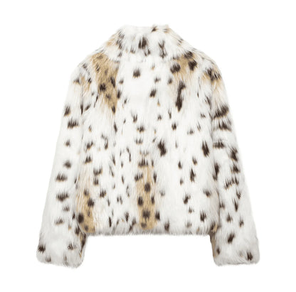 Elegant Printed Faux Fur Coat Long Sleeve Fluffy and Warm