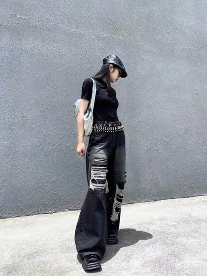 Black Baggy Ripped Jeans Gothic Y2K Aesthetic Vintage Style