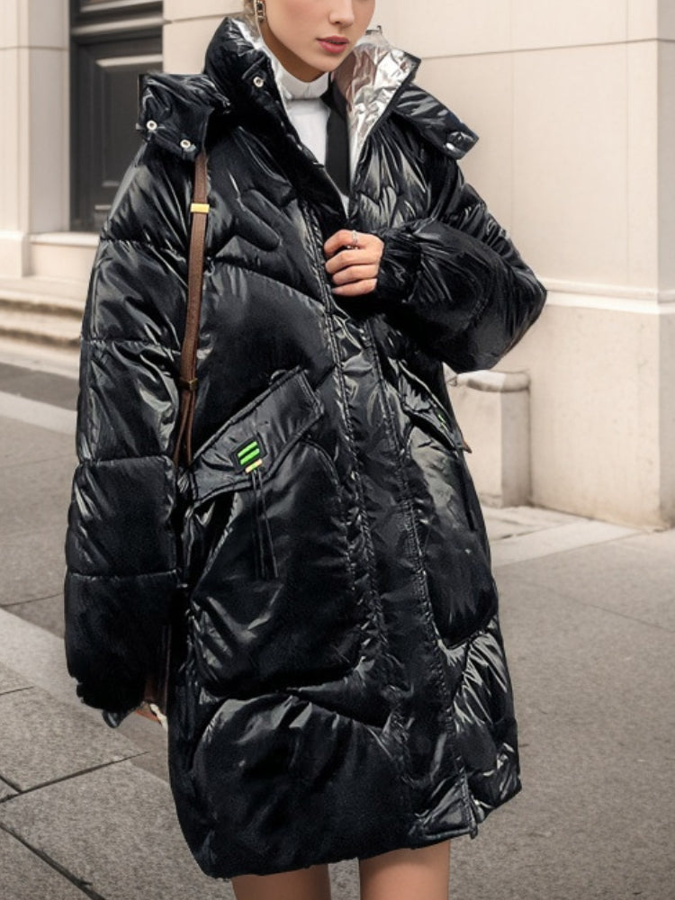 Glossy Hooded Mid Length Down Jacket Casual and Warm