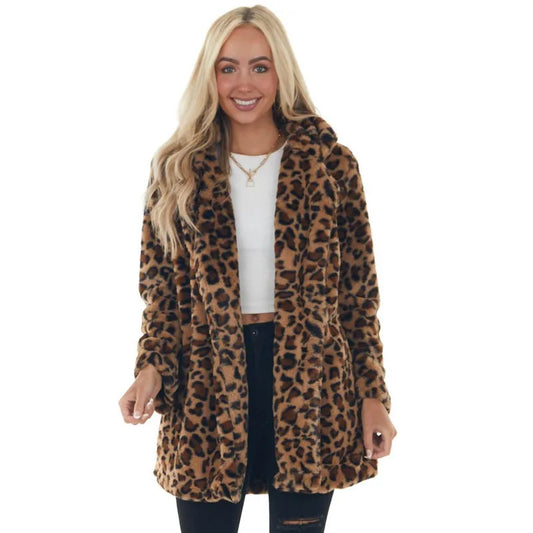 Leopard Print Faux Fur Coat with Pockets Loose and Stylish