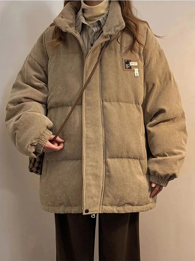 Oversized Corduroy Puffer Coat with Pockets Warm and Retro Y2K Style