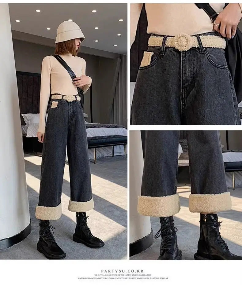 Lamb Wool Wide Leg Jeans for Women Fluffy Autumn and Winter New Styles Internet Famous Outfit Cropped Straight Leg Pants Trendy