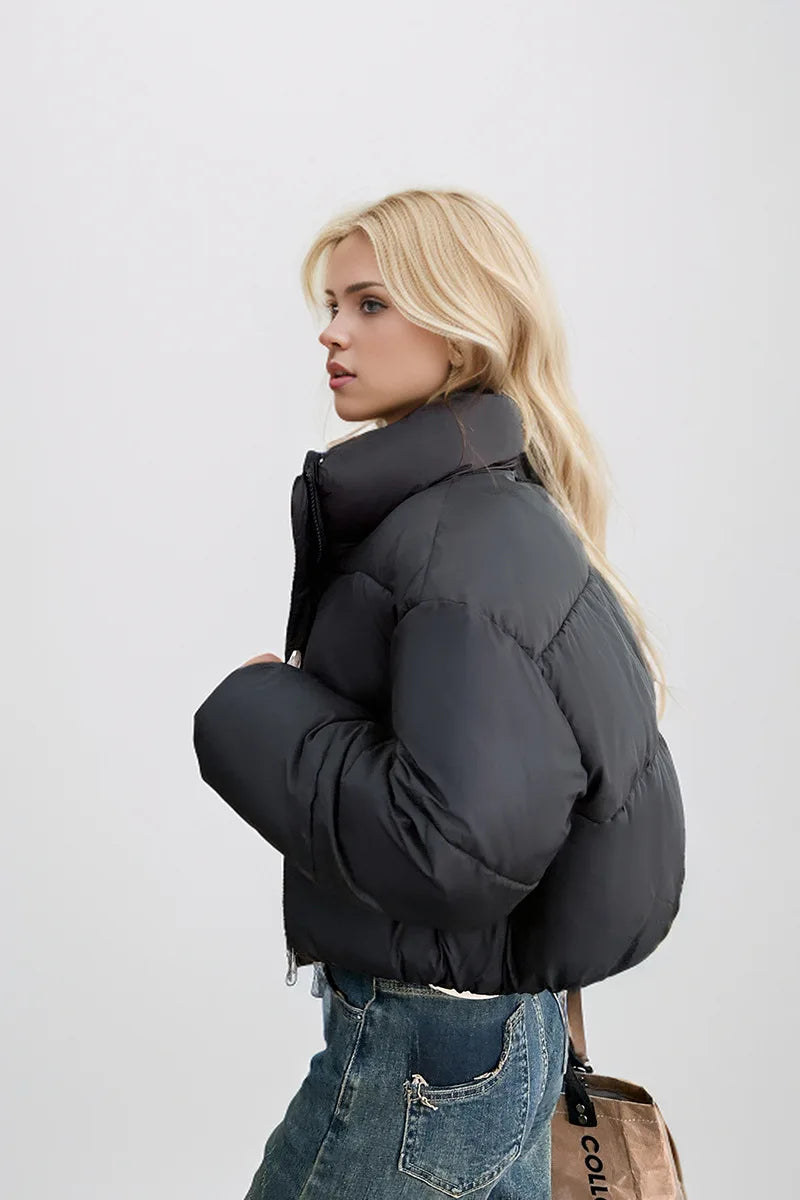 Women's Cropped Puffer Jacket with Stand Collar