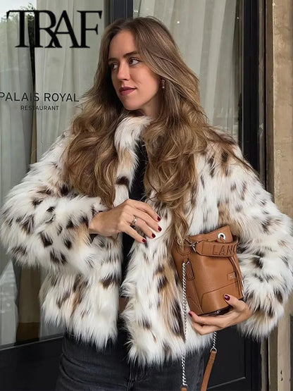 Elegant Printed Faux Fur Coat Long Sleeve Fluffy and Warm