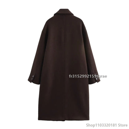 Women's Brown Long Coat in Wool Blend with Long Sleeves