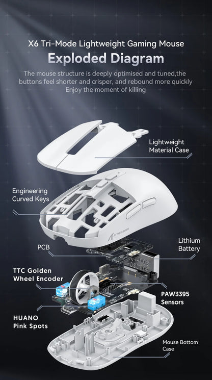 Shark X6 PAW3395 Bluetooth-mus, Tri-Mode Connection, RGB Touch Magnetic Charging Base