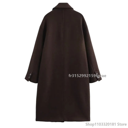 Women's Brown Long Coat in Wool Blend with Long Sleeves