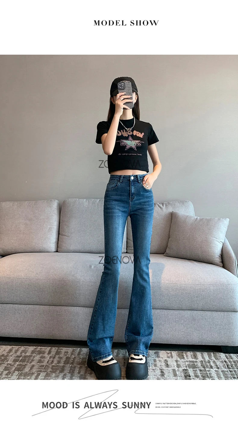 ZOENOVA Harajuku Street Casual Simple Solid Color Women's Jeans 2024 New Fashion Lady High Waist Slim VersatileMicro Flare Pants