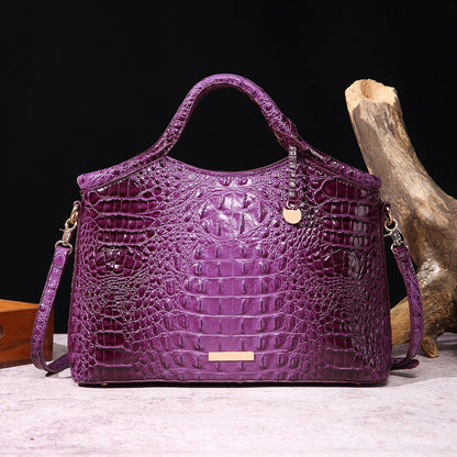 Genuine Leather Handbag – High-End Retro Women's Bag with Crocodile Pattern and Solid Color Design