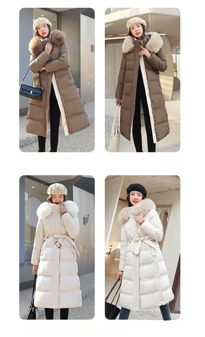 Extra Long Padded Parka with Faux Fur Collar Loose Fit